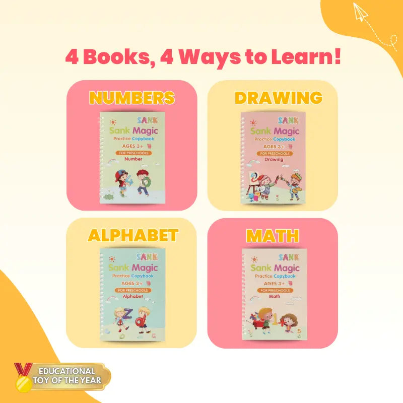 The 4 Magic Books: numbers, drawing, alphabet and math workbooks