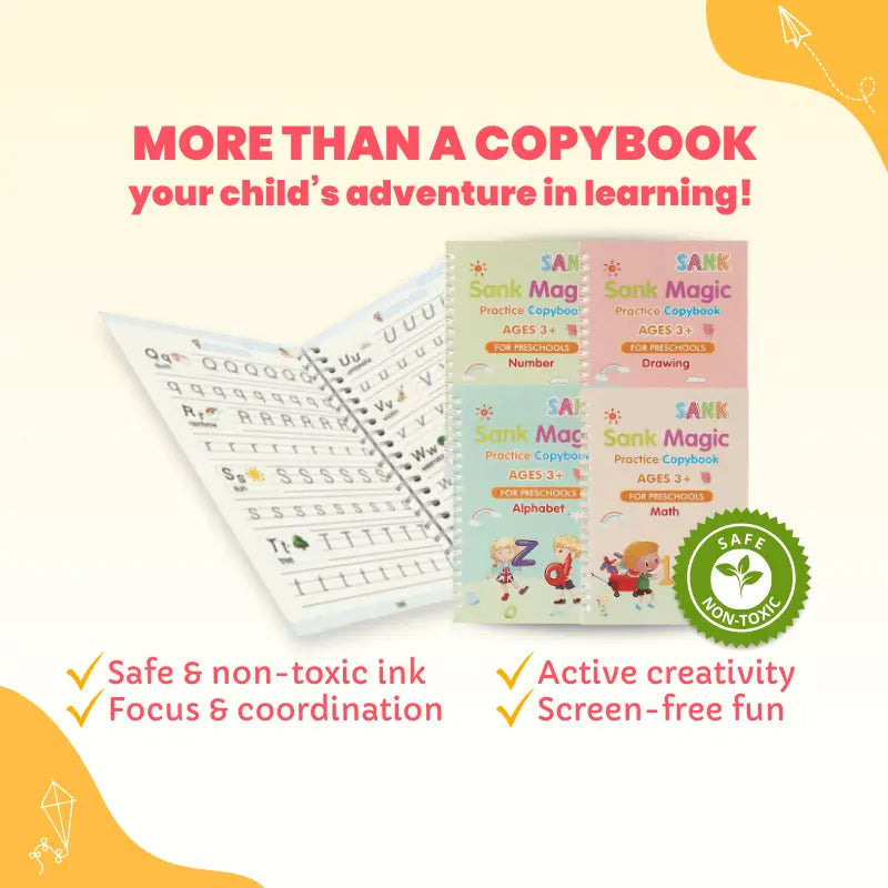 Open Magic Book showing reusable grooved pages for safe, screen-free practice