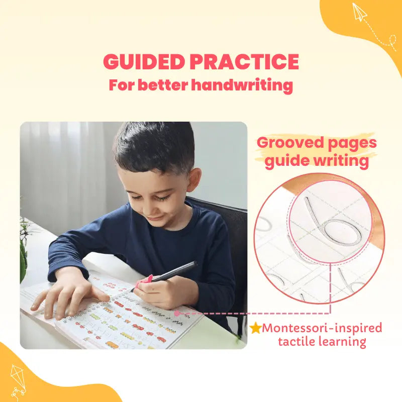 Boy practicing guided handwriting on the grooved pages of the Magic Books
