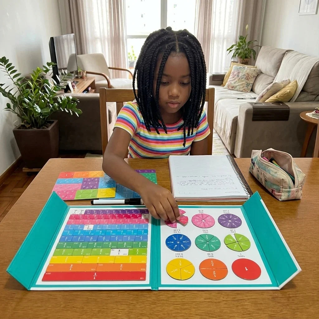 Girl building a fraction on the open Fraciona magnetic book at the living room table